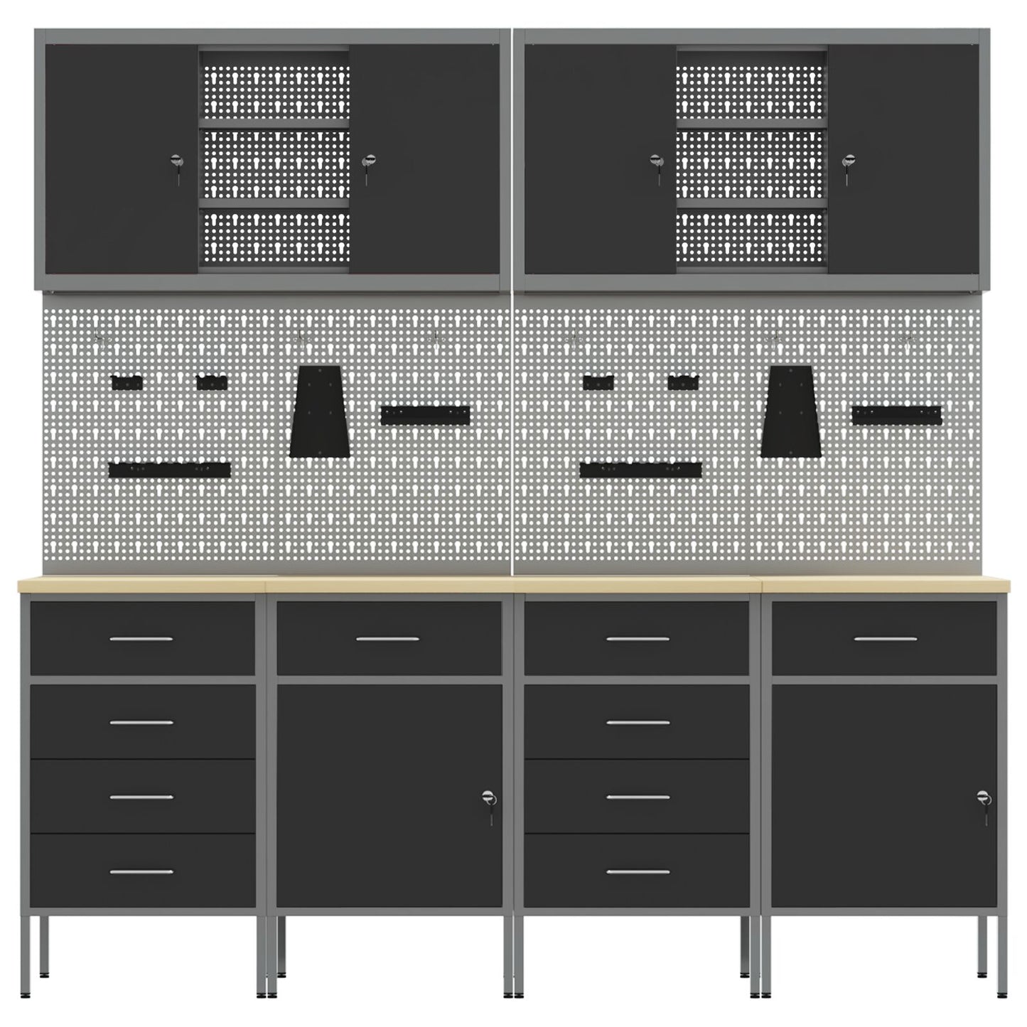 10-Delige Werkcabinet En Pegboard Set Mdf En Metaal 4x (2x84/2x85 cm) Zwart 6x kast + 6x pegboard