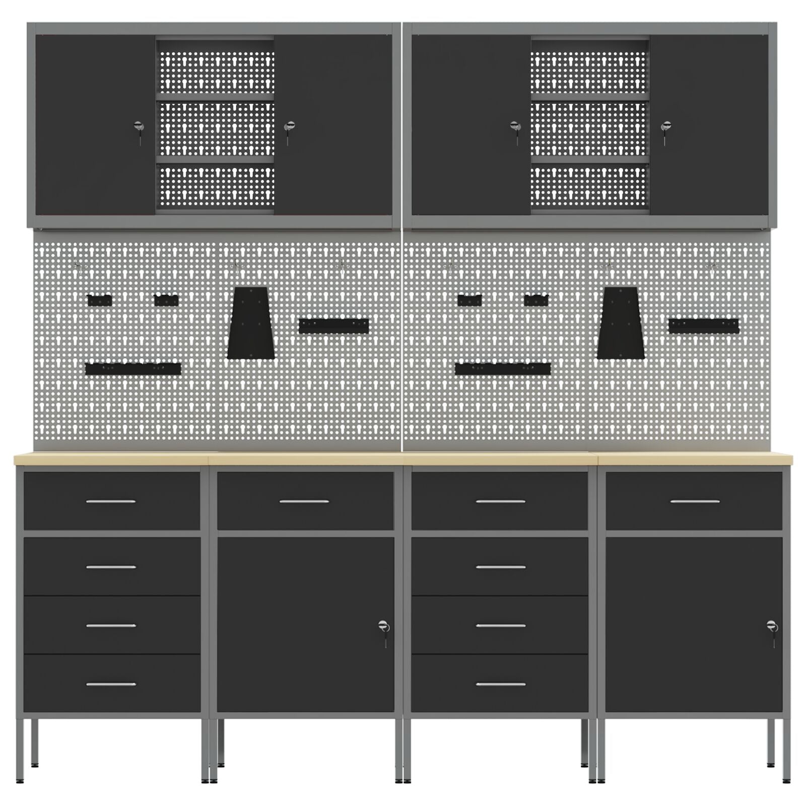 10-Delige Werkcabinet En Pegboard Set Mdf En Metaal 4x (2x84/2x85 cm) Zwart 6x kast + 6x pegboard