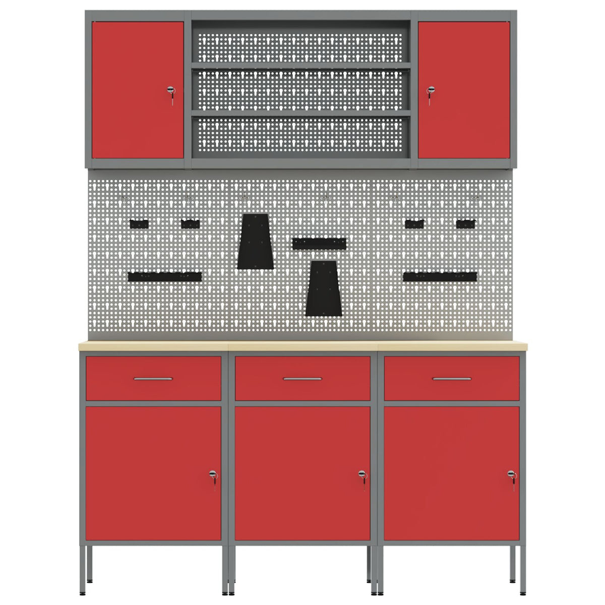 7-Delige Werkbankset In Staal 3x (84 cm) Rood 4x kast + 4x pegboard