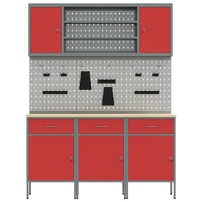 7-Delige Werkbankset In Staal 3x (84 cm) Rood 4x kast + 4x pegboard