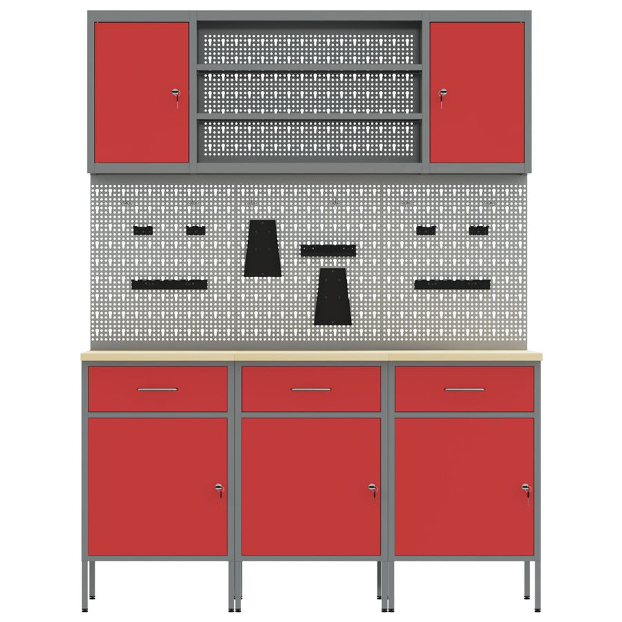 7-Delige Werkbankset In Staal 3x (84 cm) Rood 4x kast + 4x pegboard