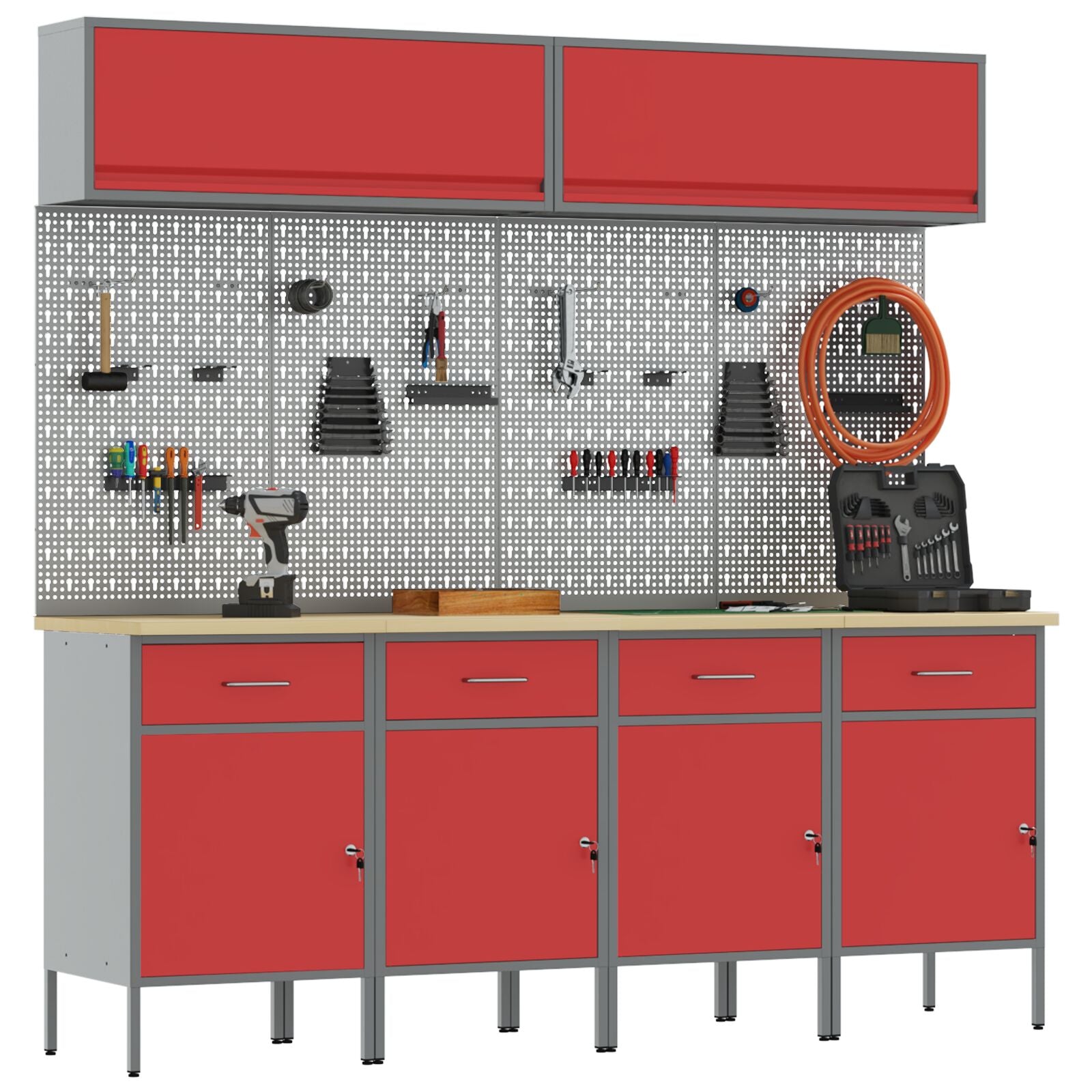 10-Delige Werkcabinet En Pegboard Set Mdf En Metaal 4x (84 cm) Rood 4x kast + 4x pegboard + 2x kast met deur