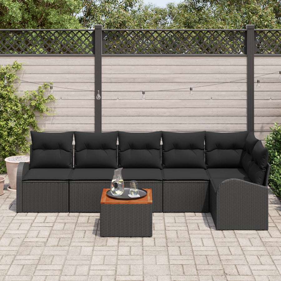 7-Delige Tuin Sofa Set Met Kussens Zwart Poly Rattan Acacia