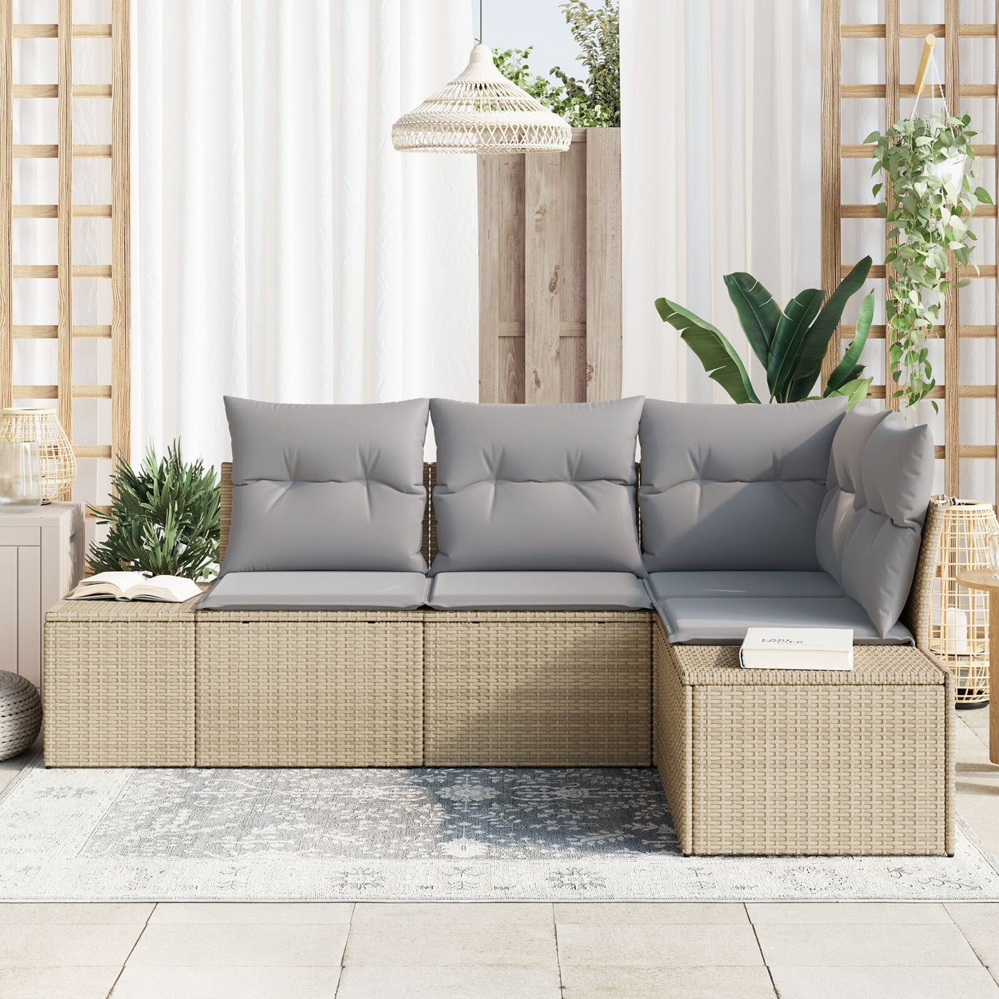 4-Delige Tuinbankset Met Kussens Poly Rattan Beige en grijs zonder tafel