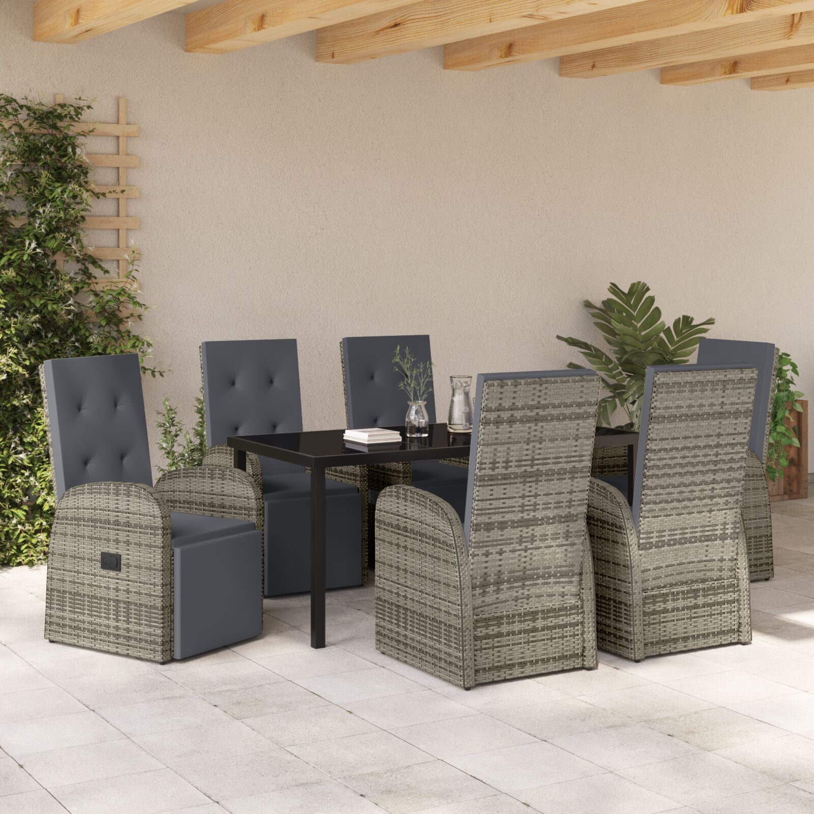 7-Delige Tuin Eetset Met Kussens Grijs Poly Rattan