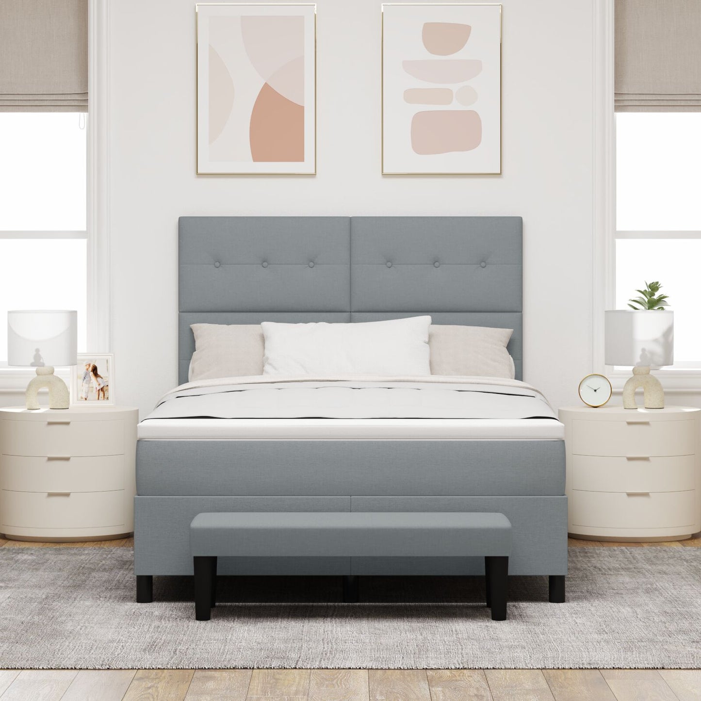 Boxspringbed Met Matras & Bank Stof Lichtgrijs 140 x 200 cm Met knopen