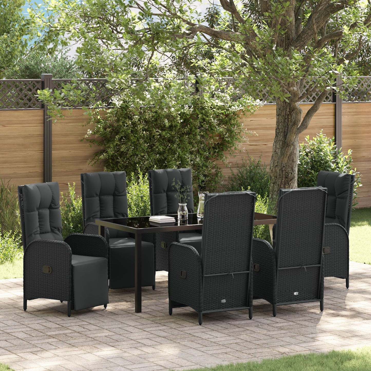 7-Delige Tuin Eetset Met Kussens Zwart Poly Rattan