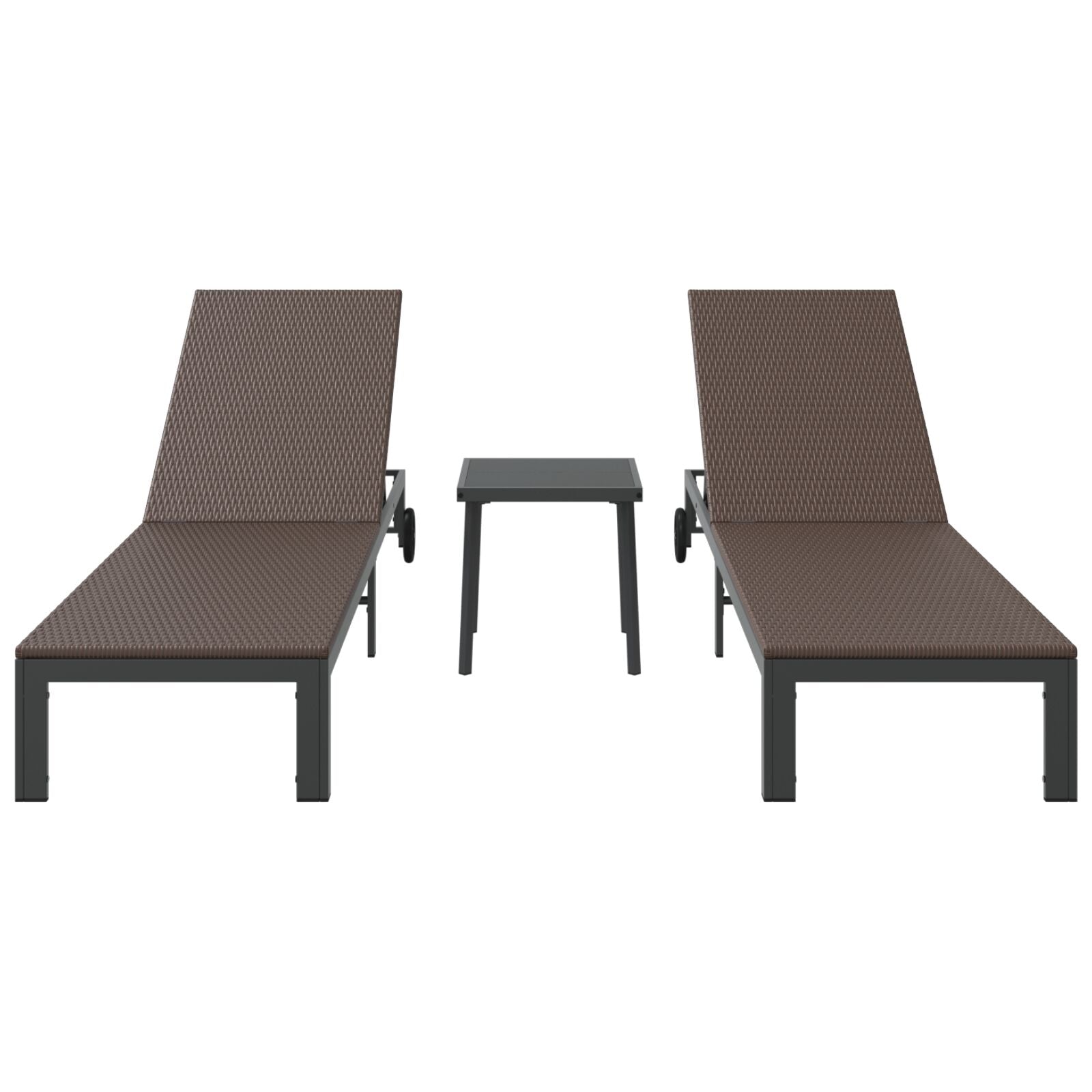 Ligbedden 2 Stuks Met Wielen En Tafel Poly Rattan Bruin