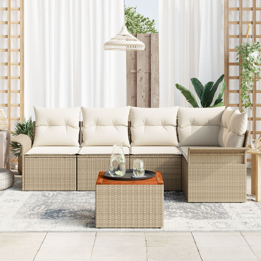 6-Delige Tuin Sofa Set Met Kussens Beige Poly Rattan Acacia