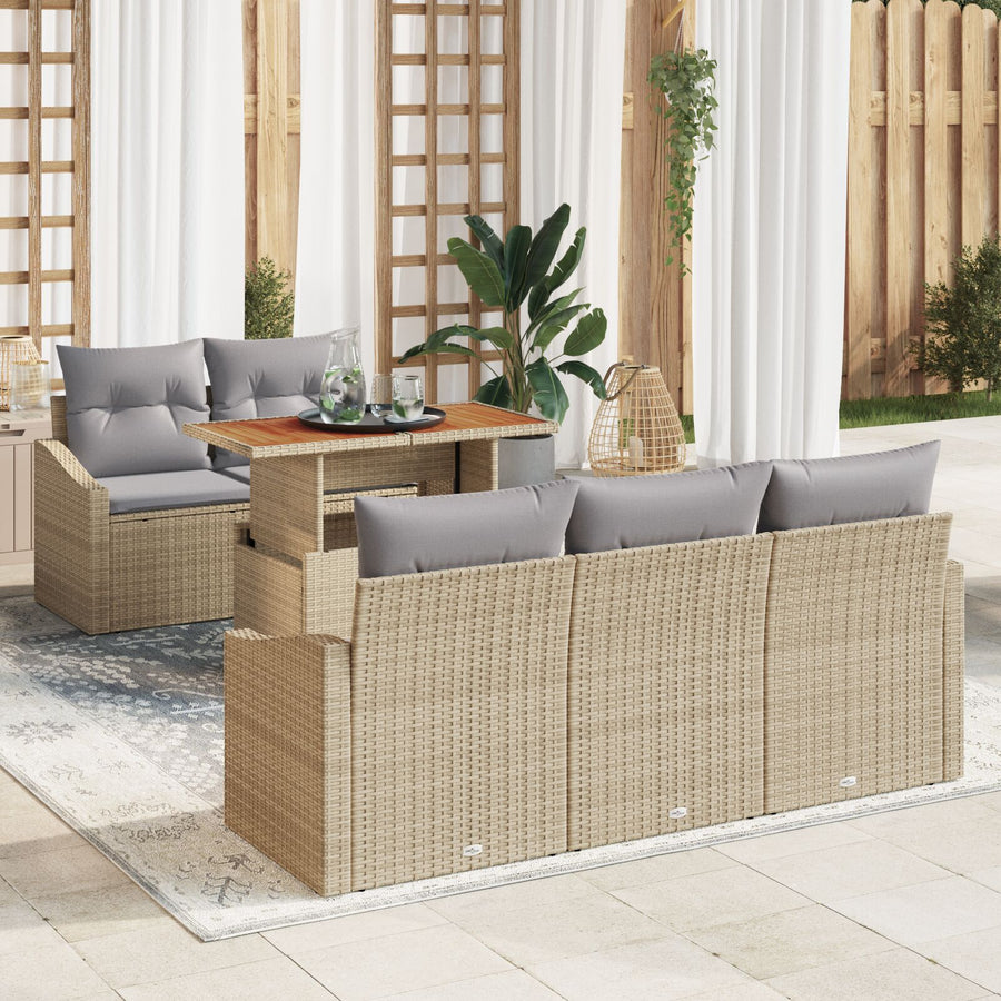 6-Delige Tuin Eetset Met Kussens Beige Poly Rattan Acacia