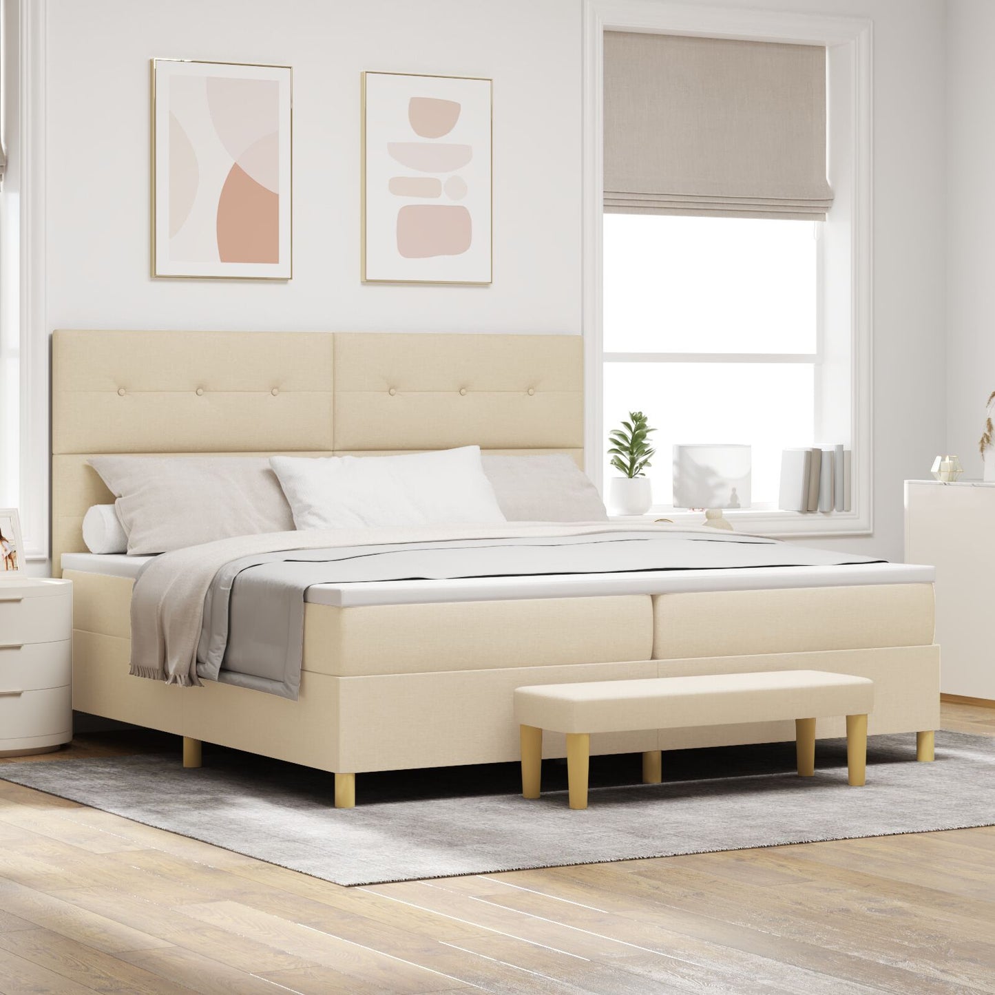 Boxspringbed Met Matras & Bank Stof Crème 200 x 200 cm Knop tufted