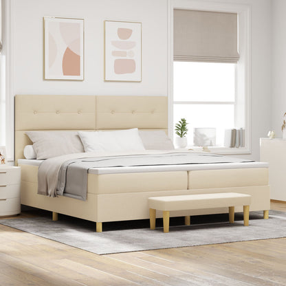 Boxspringbed Met Matras & Bank Stof Crème 200 x 200 cm Knop tufted