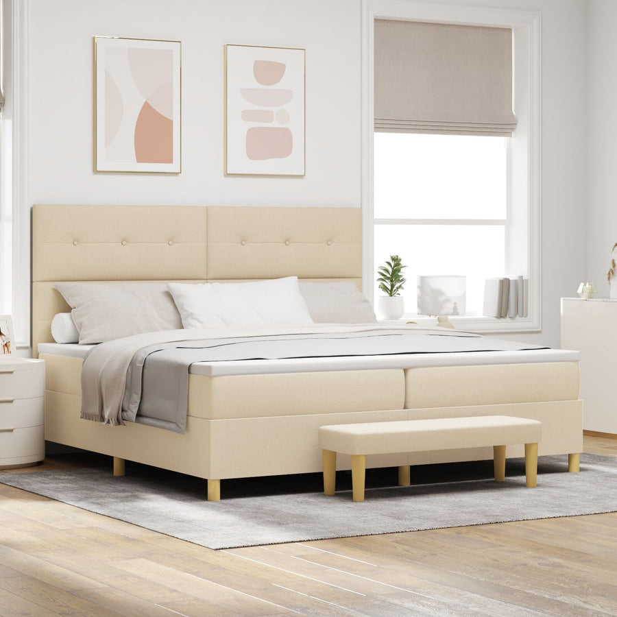 Boxspringbed Met Matras & Bank Stof Crème 200 x 200 cm Knop tufted