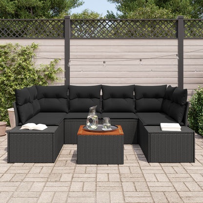 7-Delige Tuinsofa Set Met Kussens Zwart Poly Rattan Acacia