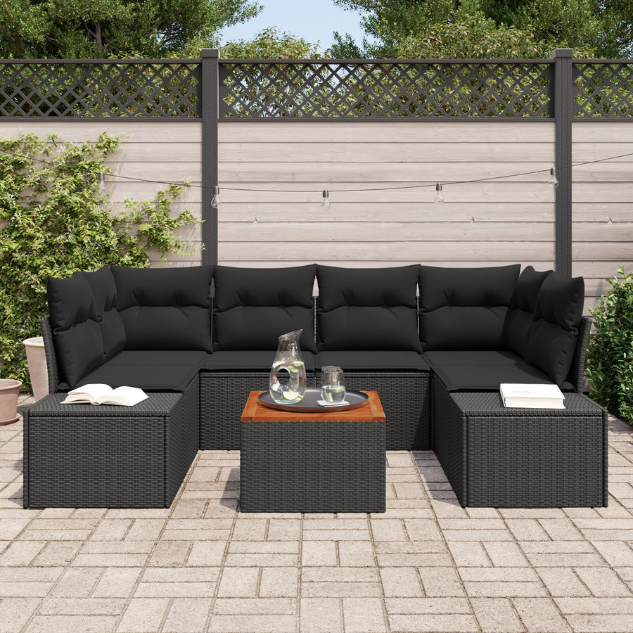 7-Delige Tuinsofa Set Met Kussens Zwart Poly Rattan Acacia