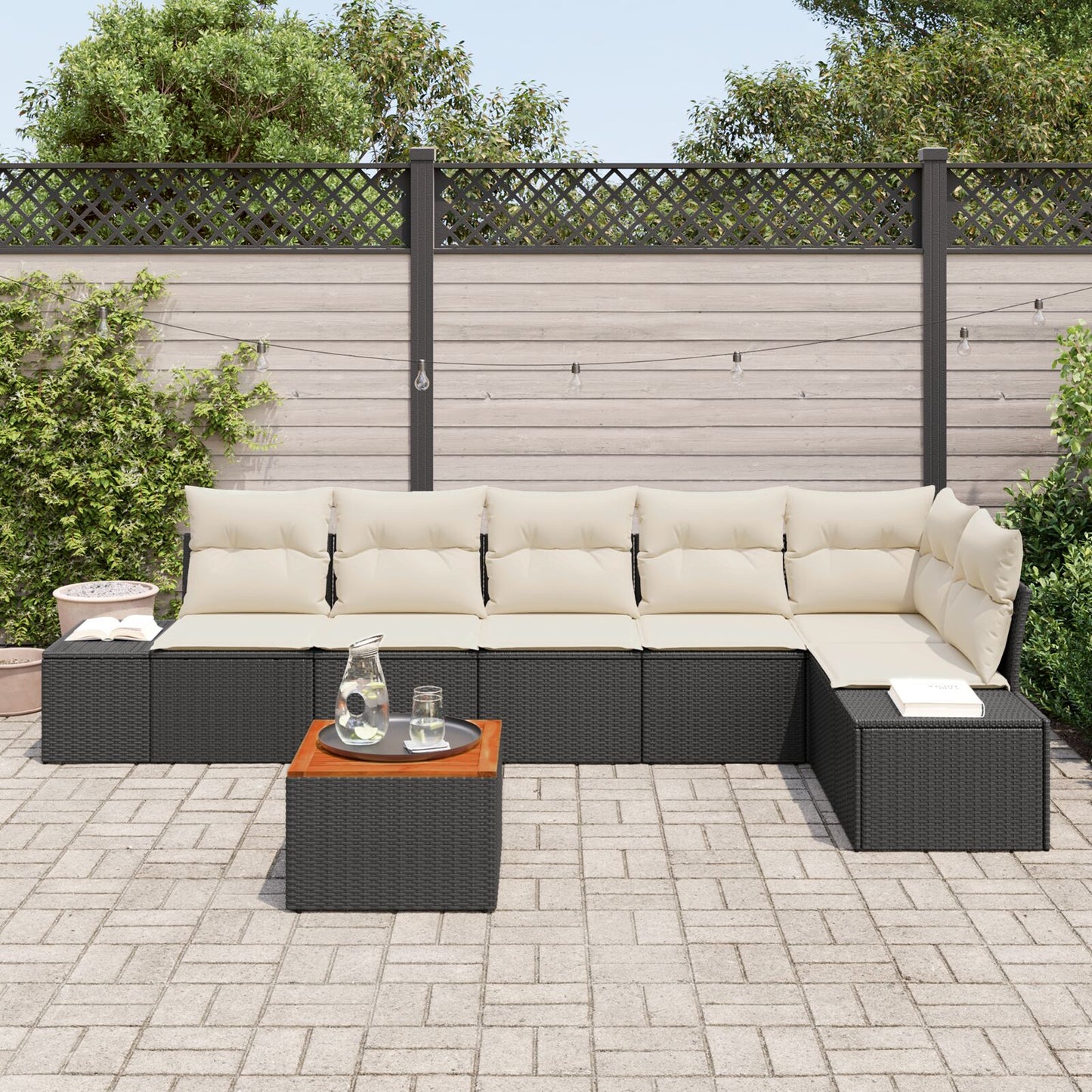 7 Delig Tuinbankstel Met Kussens Zwart Poly Rattan Acacia