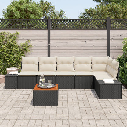 7 Delig Tuinbankstel Met Kussens Zwart Poly Rattan Acacia