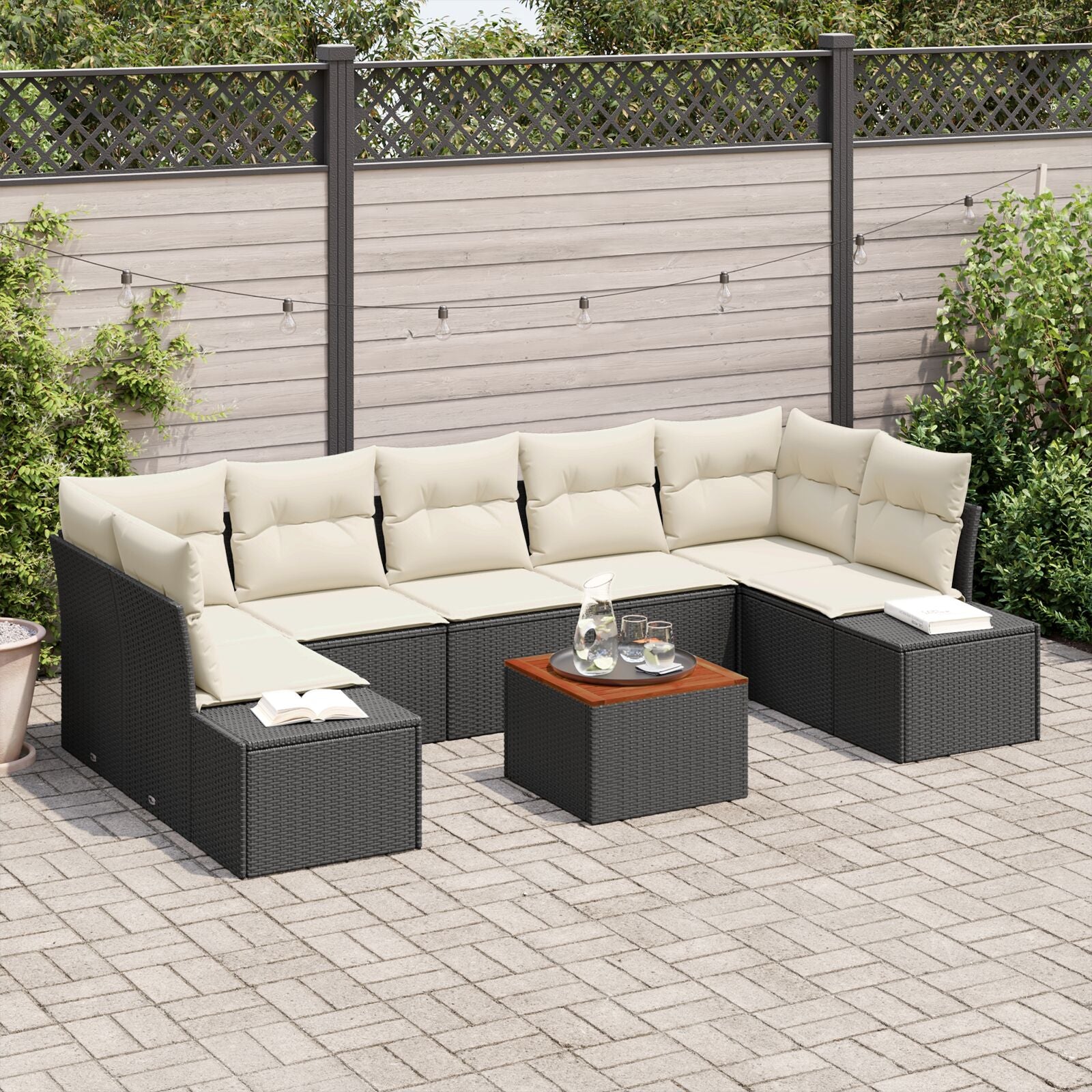 8 Delige Tuin Sofa Set Met Kussens Zwart Poly Riet Acacia