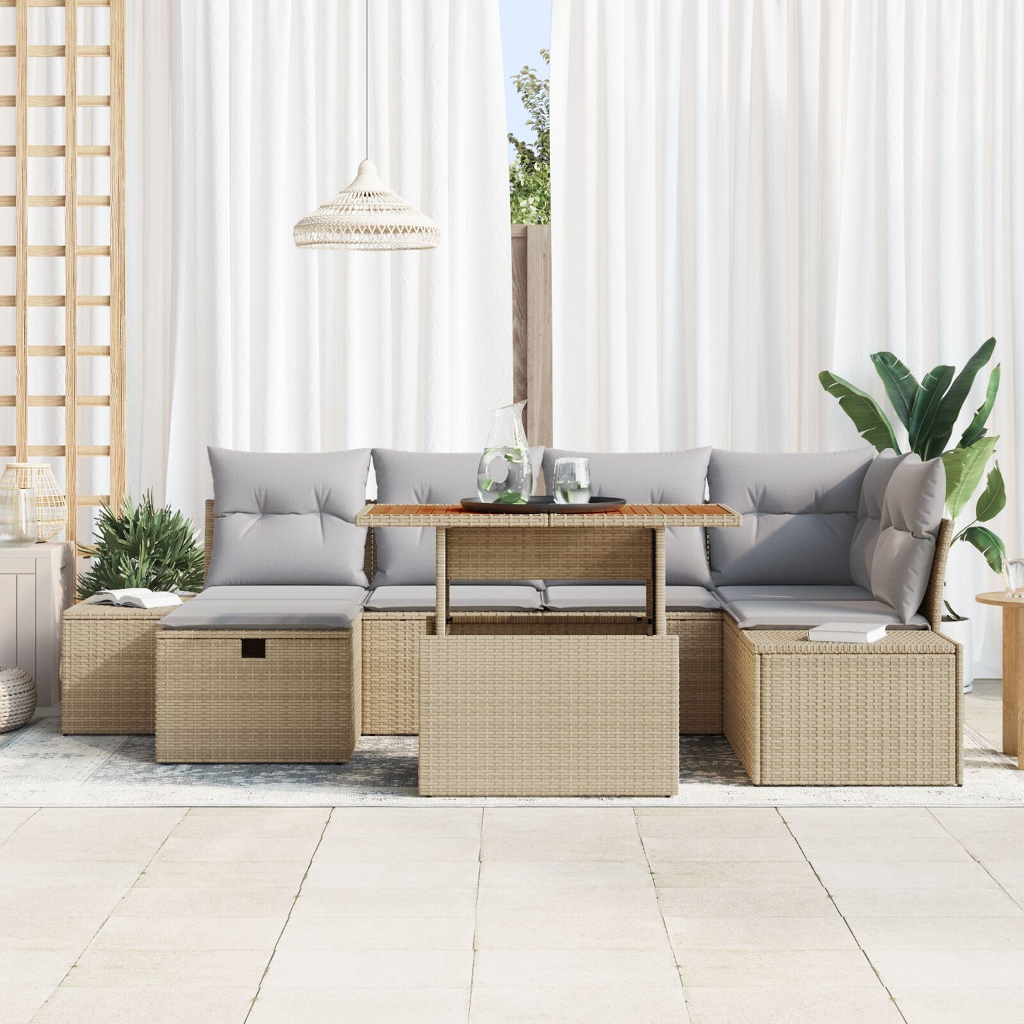 7-Delige Tuin Sofa Set Met Kussens Beige Poly Rattan