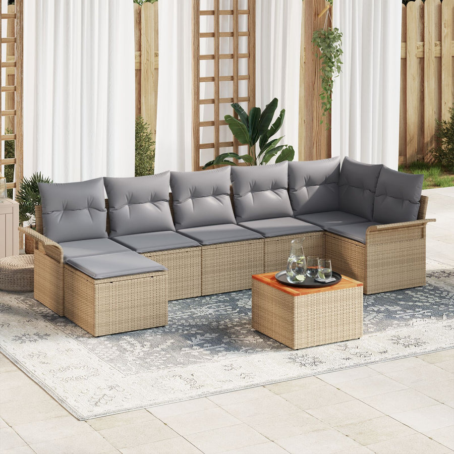 8-Delig Tuinbankstel Met Kussens In Beige Poly Rattan Acacia