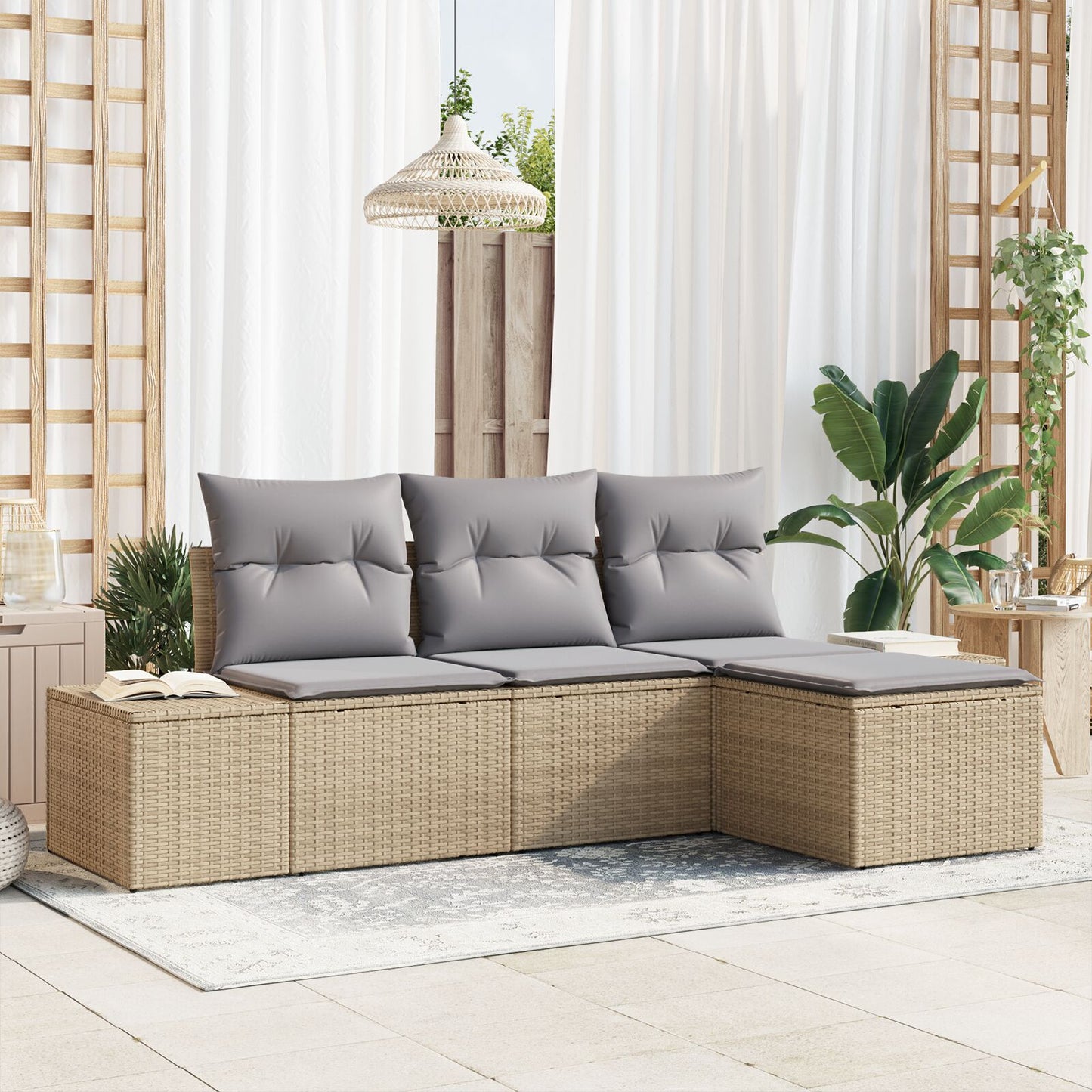 4-Delige Tuinbank Set Met Kussens Beige Poly Rattan