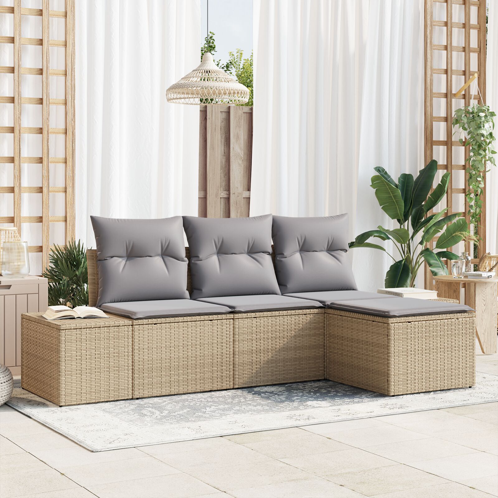 4-Delige Tuinbank Set Met Kussens Beige Poly Rattan