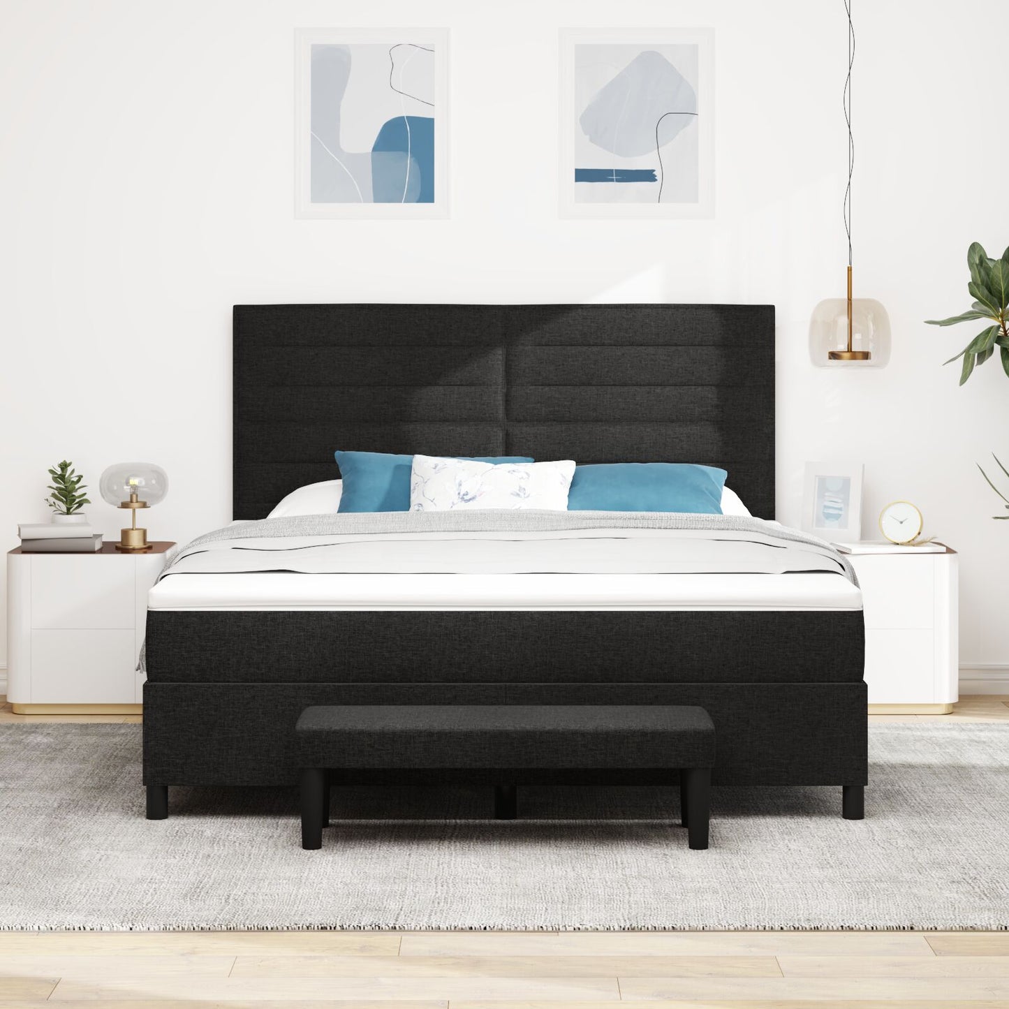 Boxspring Bed Met Matras & Bank Stof Zwart 180 x 200 cm Lijnen ontwerp