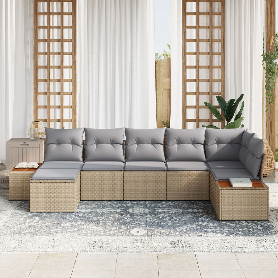 7-Delige Tuinbank Set Met Kussens Beige Poly Riet Acacia