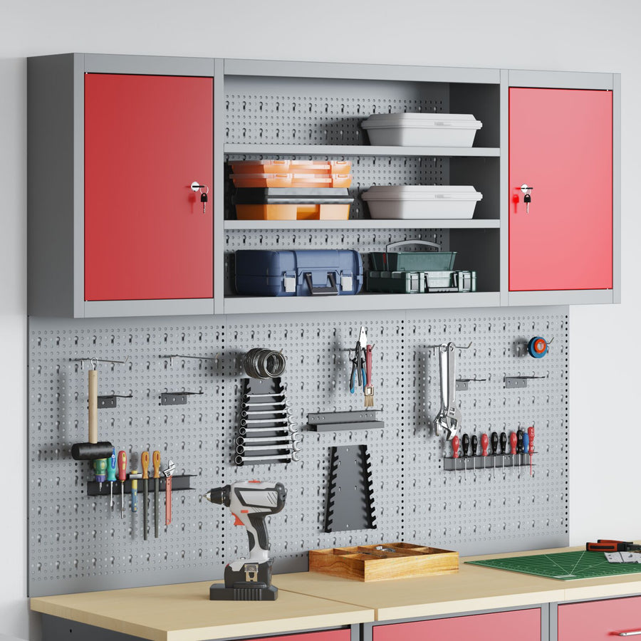 6-Delige Gereedschapskast En Pegboard Set, Wandmontage, Rode Metaal