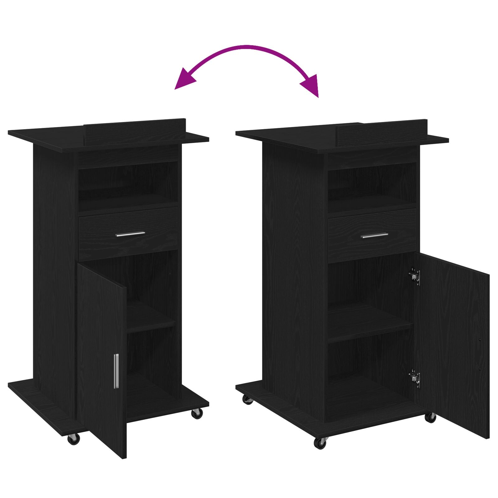Lectern Podium Met Wielen Zwart Eiken Hout