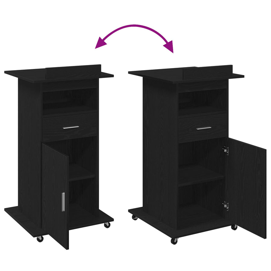 Lectern Podium Met Wielen Zwart Eiken Hout