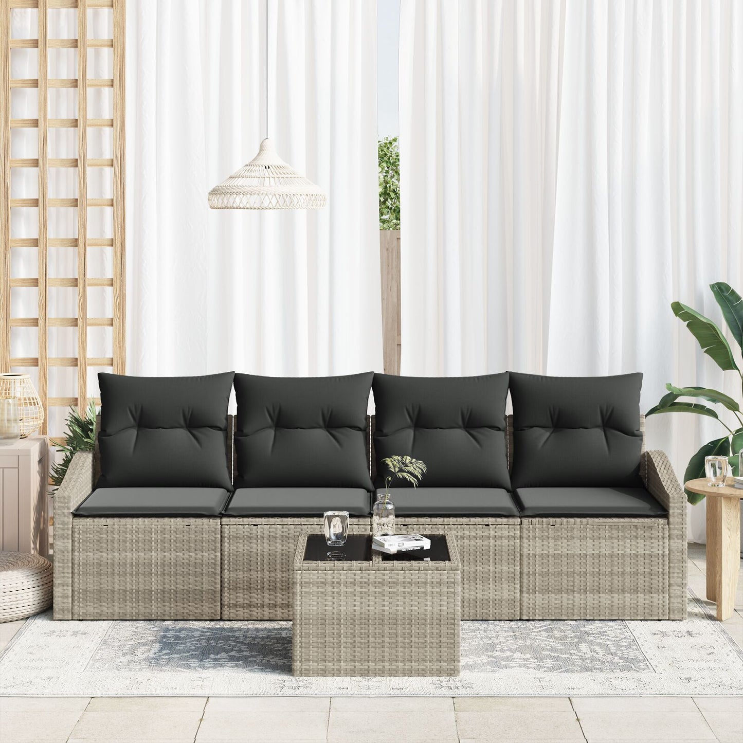 5-Delige Tuin Eetset Met Kussens Lichtgrijs Poly Rattan Gegalvaniseerd Staal