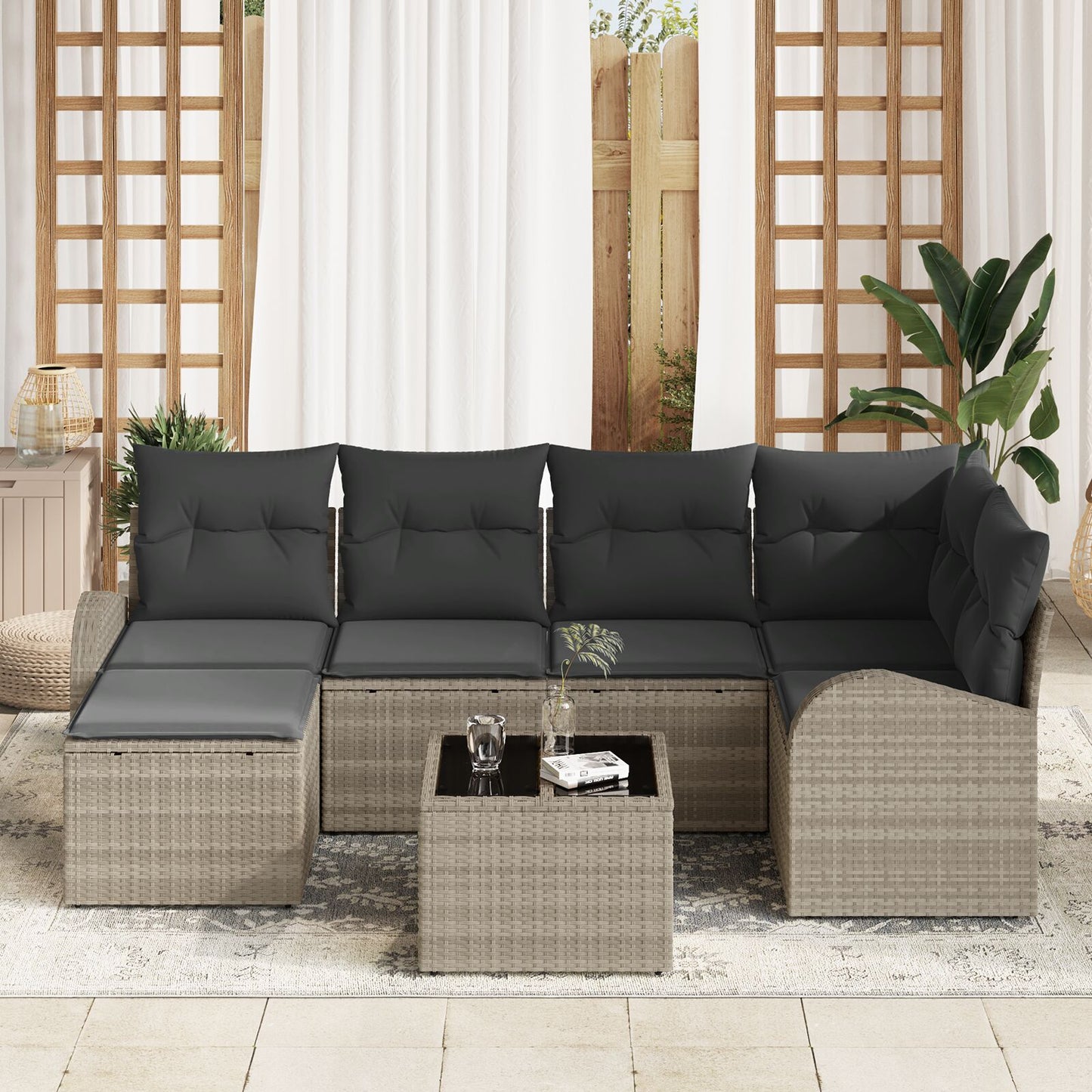 7-Delige Tuin Sofa Set Met Kussens Grijs Poly Rattan