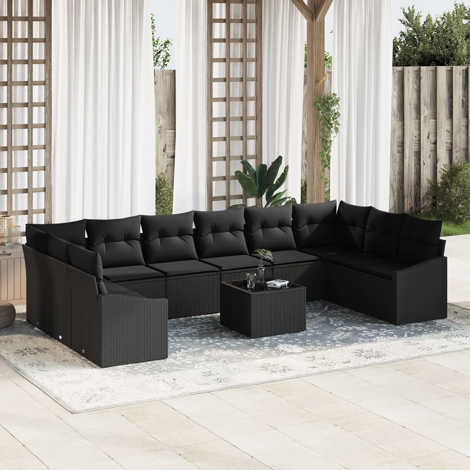 11-Delige Tuin Sofa Set Met Kussens Beige Poly Rattan Zwart met tafel