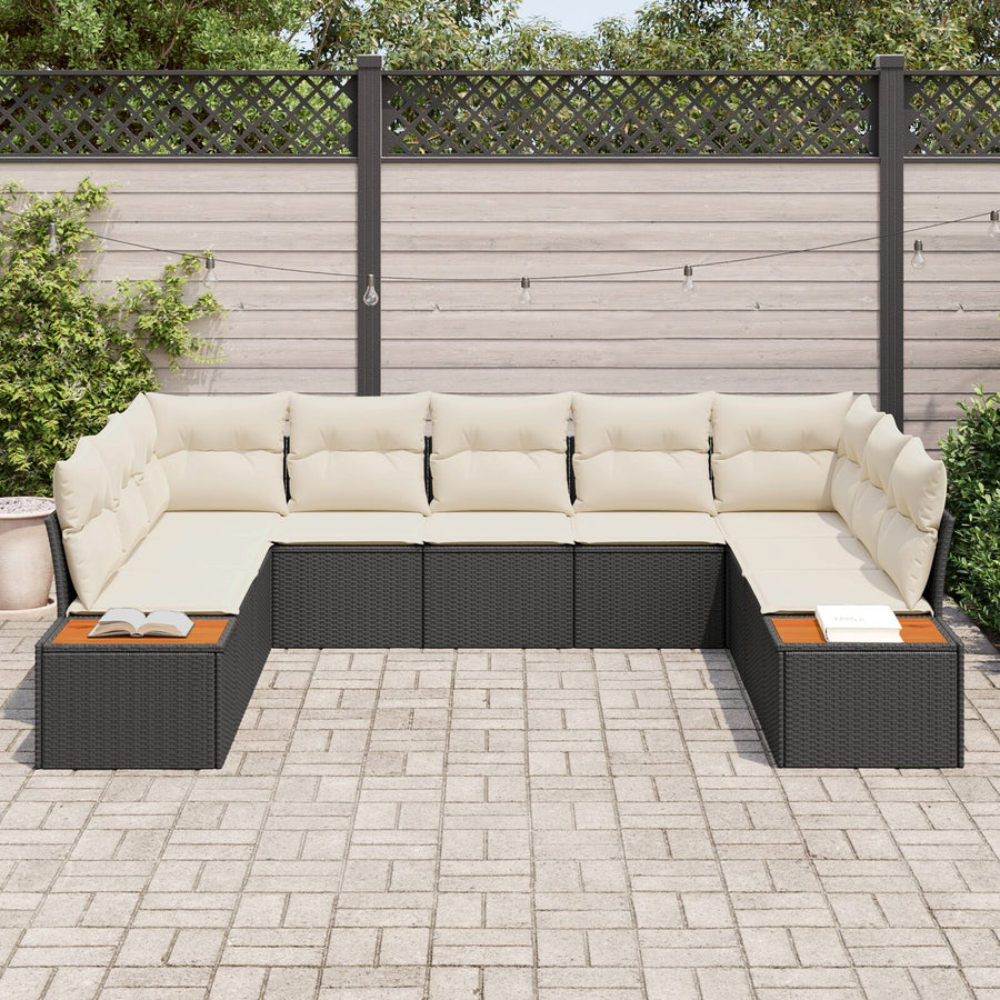 9-Delige Tuinbankset Met Kussens Zwart Poly Rattan Acacia