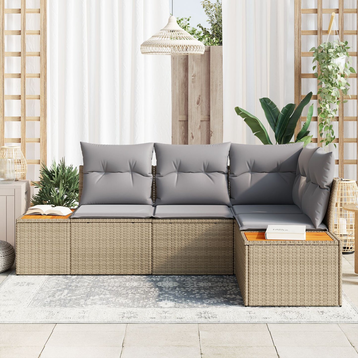 4 Delige Tuinbank Set Met Kussens Beige Poly Rattan Acacia
