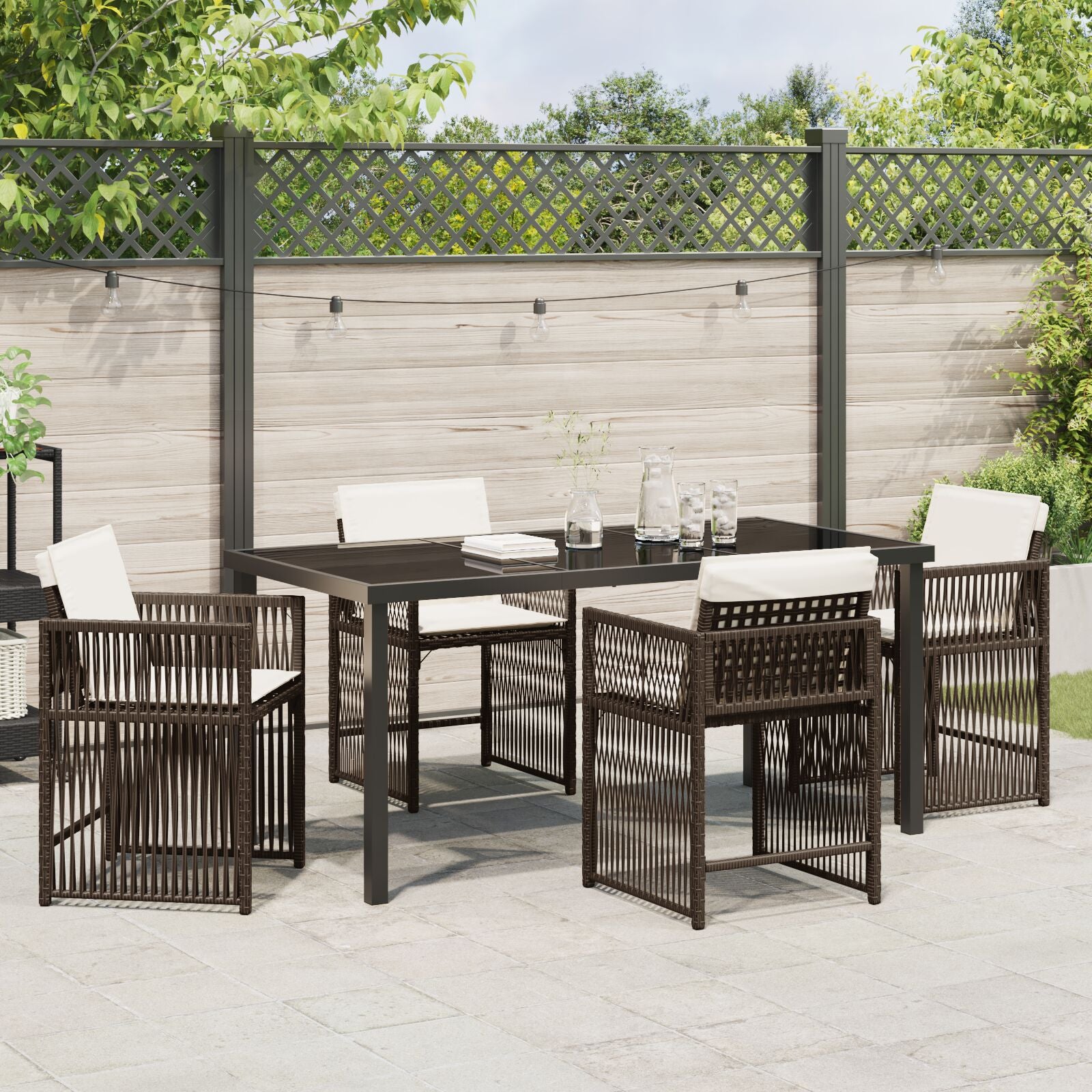 5-Delige Tuin Eettafel Set Met Kussens Bruin Poly Rattan