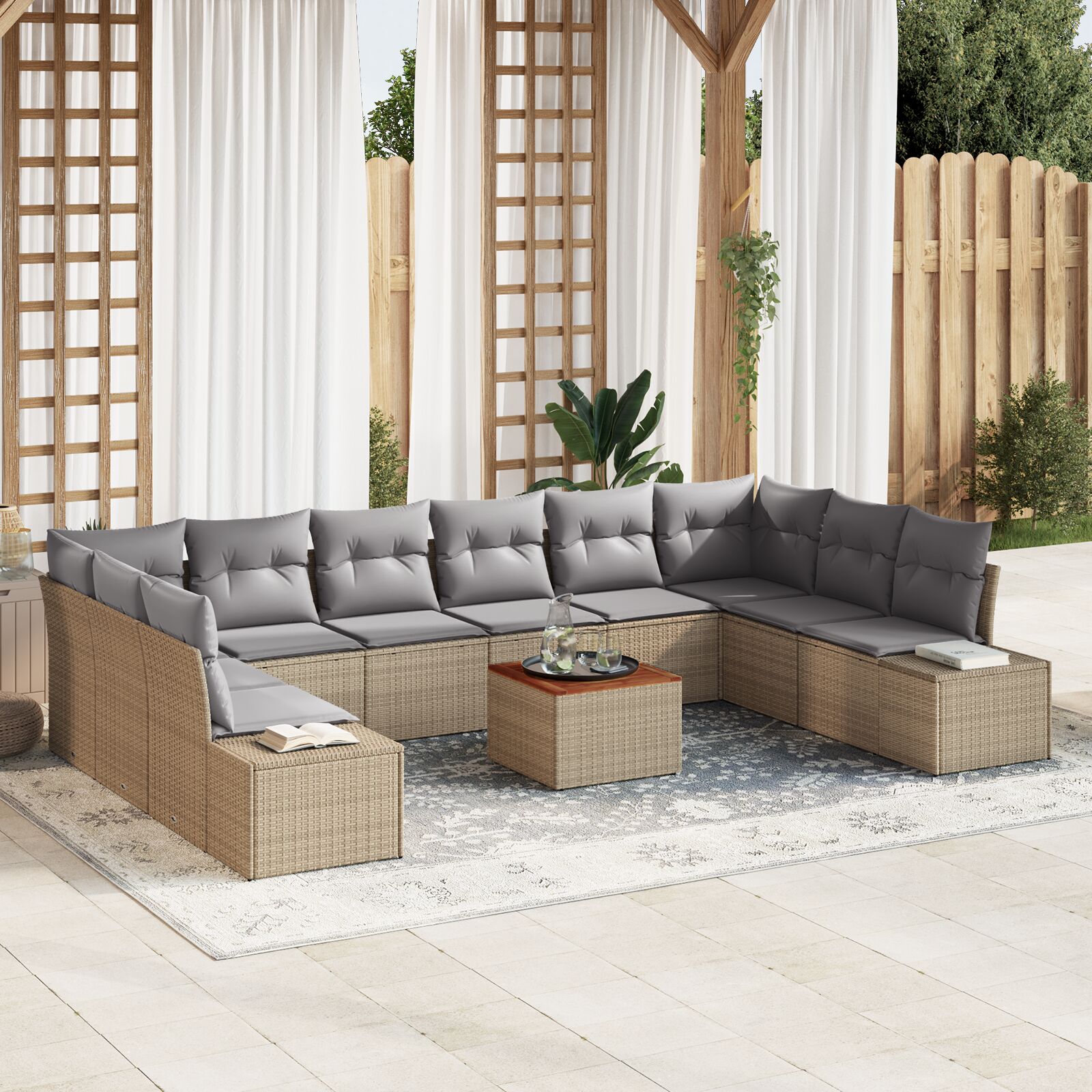 11-Delige Tuinsofa Set Met Kussens Beige Poly Rattan Acacia
