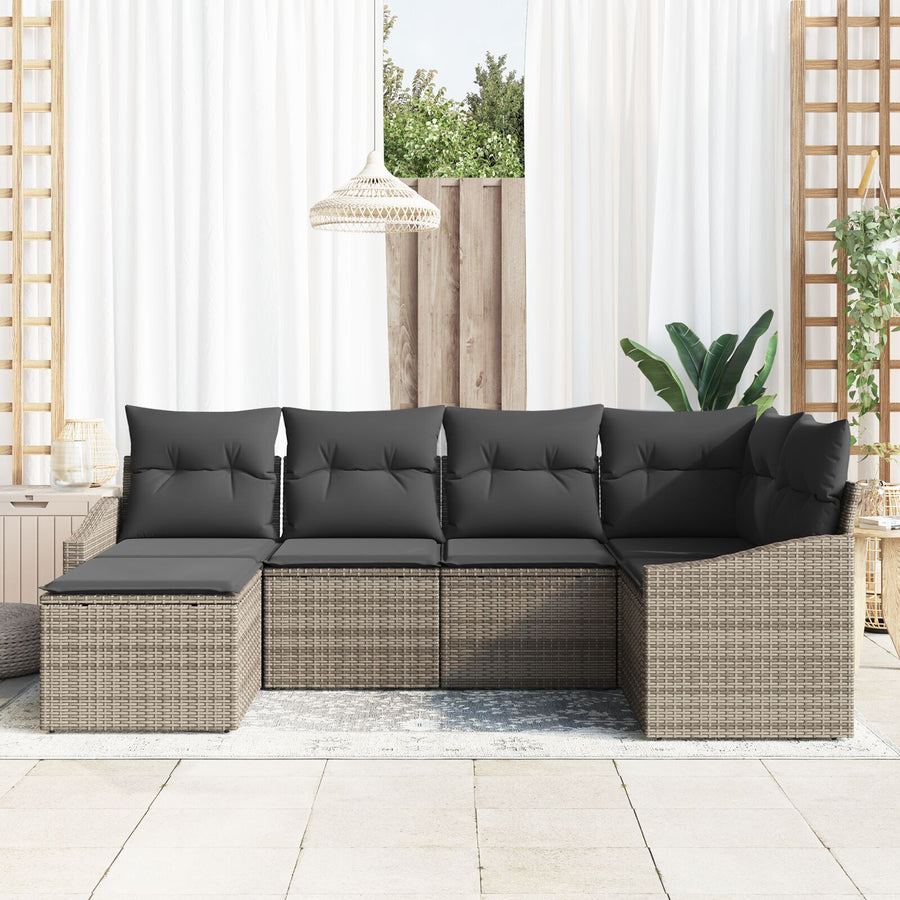 6-Delige Tuin Eetset Met Kussens Grijs Poly Rattan