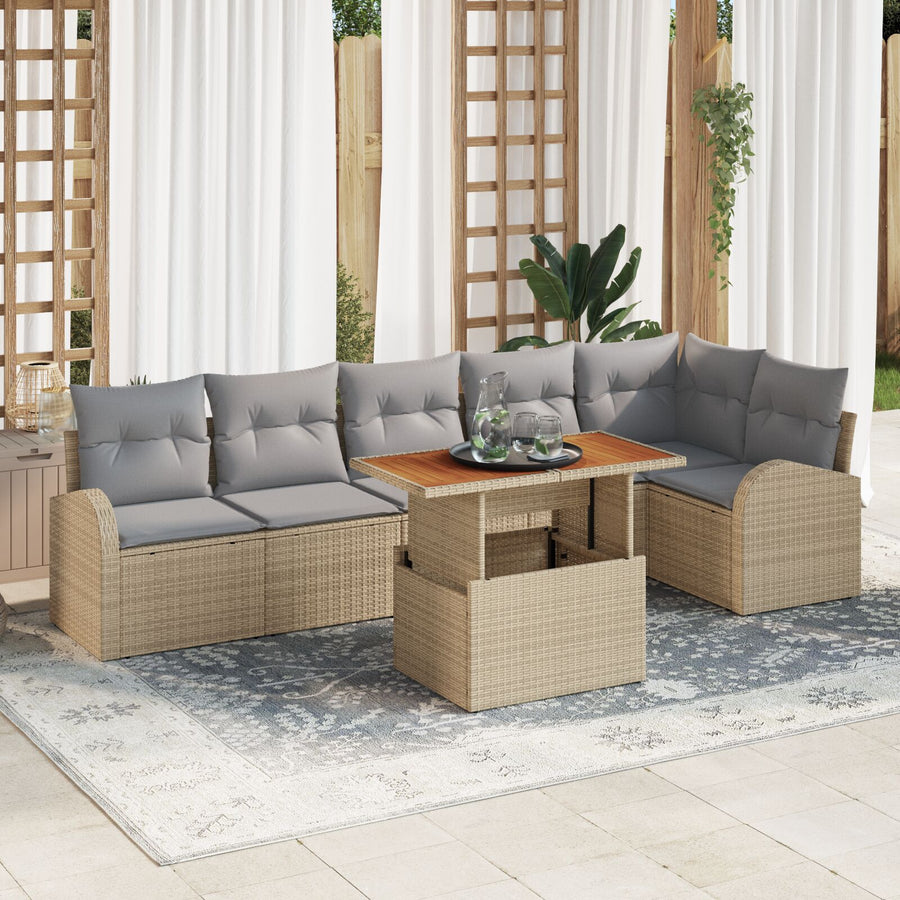 7-Delige Tuin Eetset Met Kussens Beige Poly Rattan Acacia