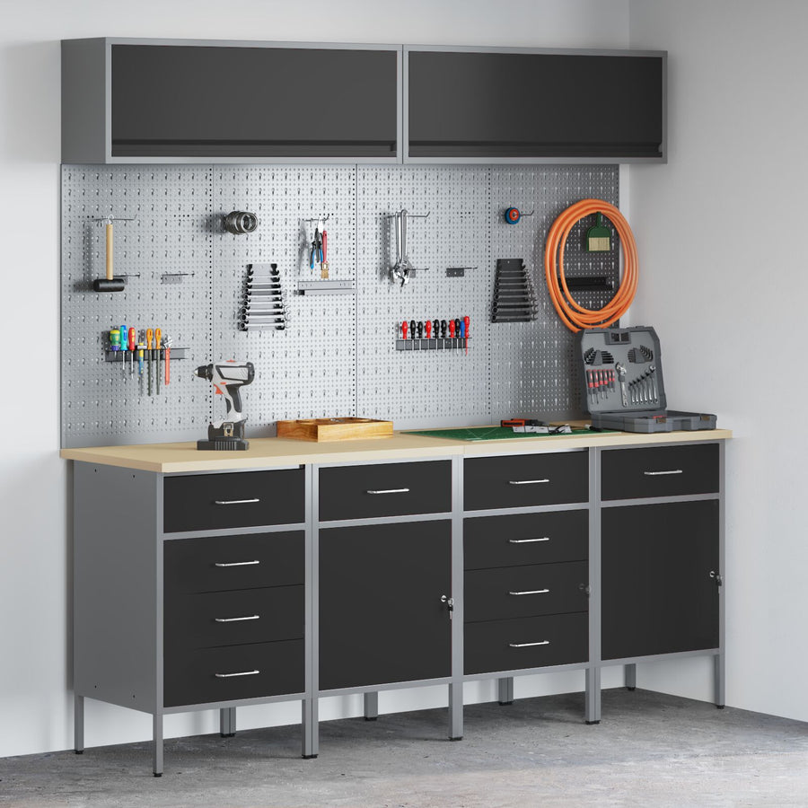10-Delige Werkcabinet En Pegboard Set Mdf En Metaal 4x (2x84/2x85 cm) Zwart 4x kast + 4x pegboard + 2x kast met deur