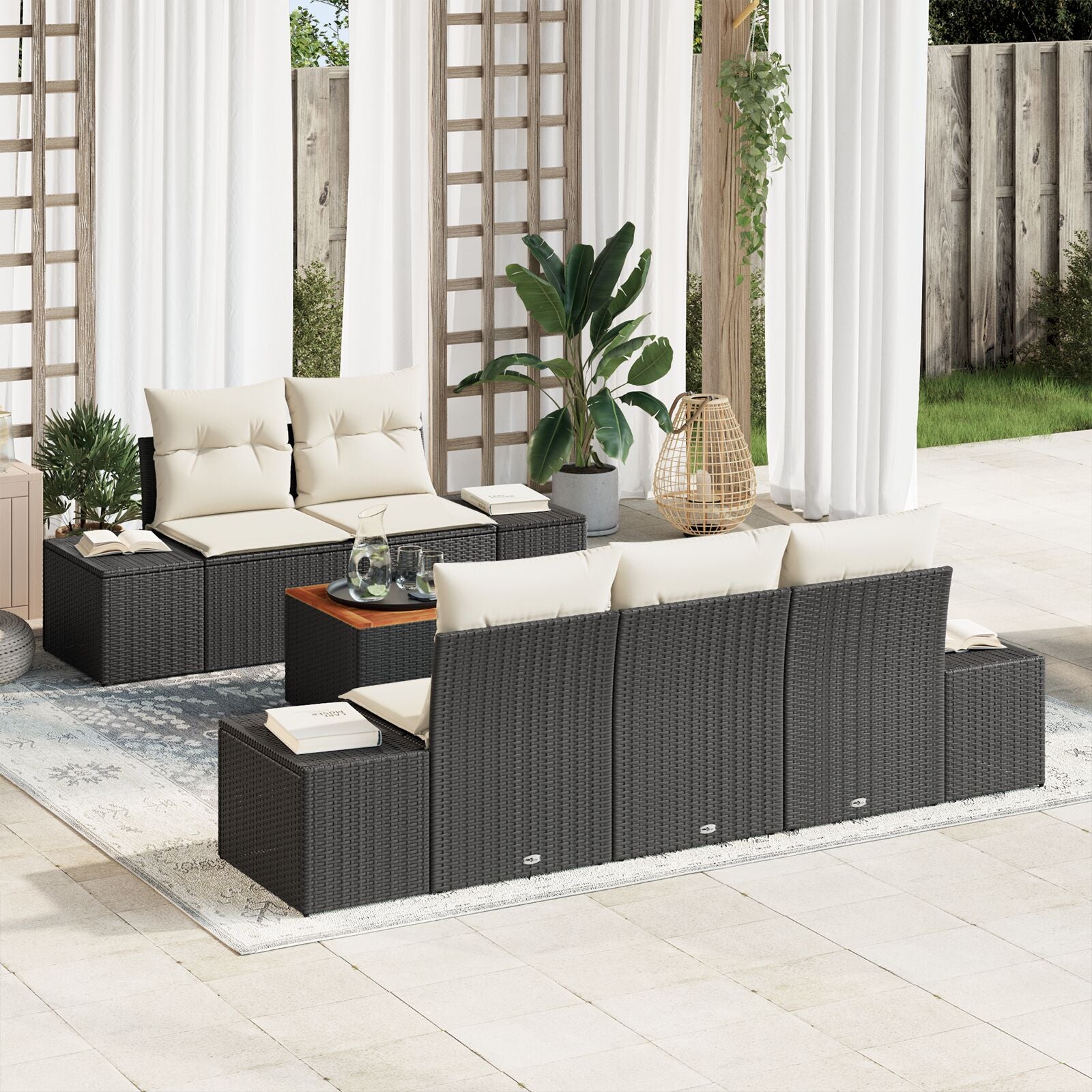 6 Delige Tuin Sofa Set Met Kussens Zwart Poly Rattan Acacia