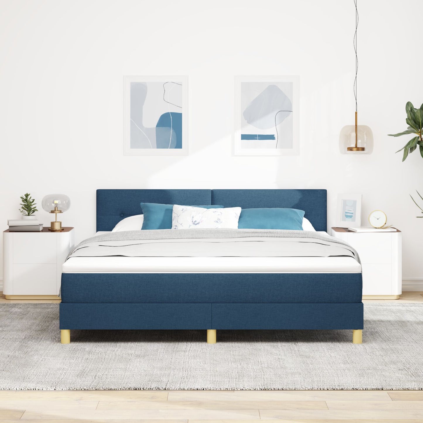 Boxspringbed Met Matras Blauw 180X200 Cm Stof Crème