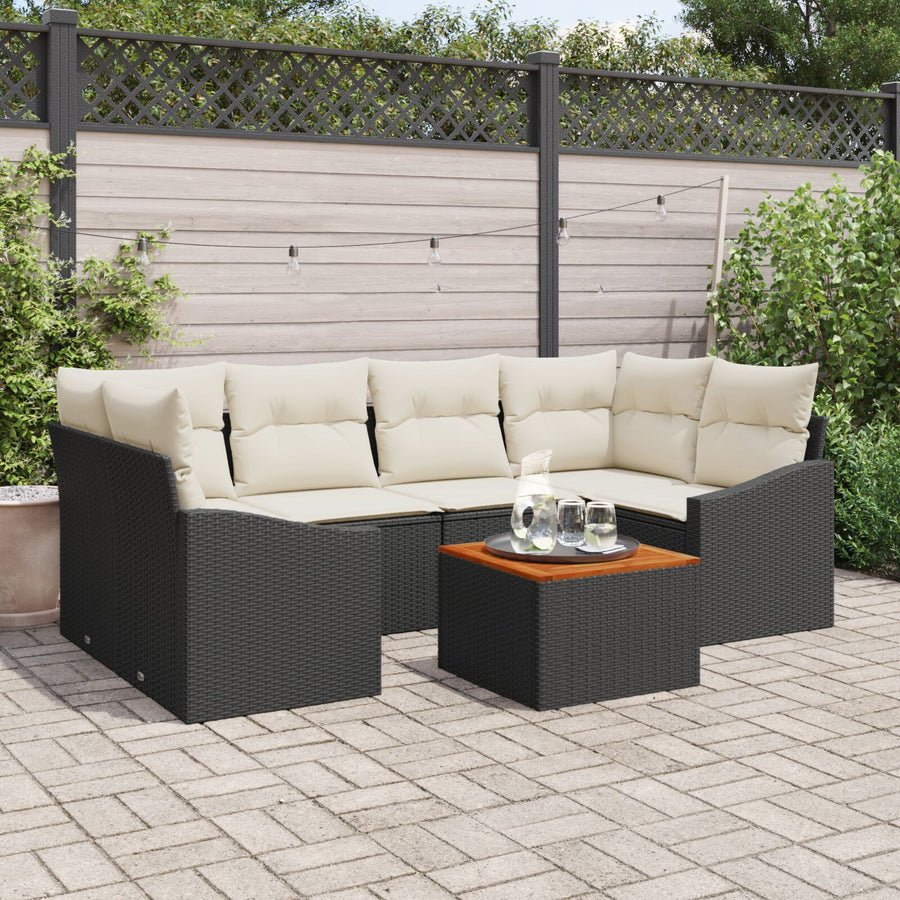 7-Delige Tuin Sofa Set Met Kussens Zwart Poly Rattan Acacia