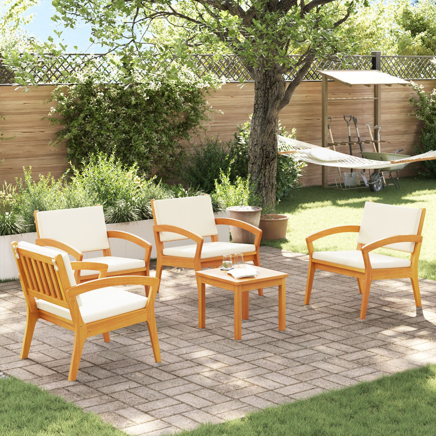 5-Delige Bistro Set Met Kussens Van Massief Acaciahout Crème wit 4x stoelen + tafel