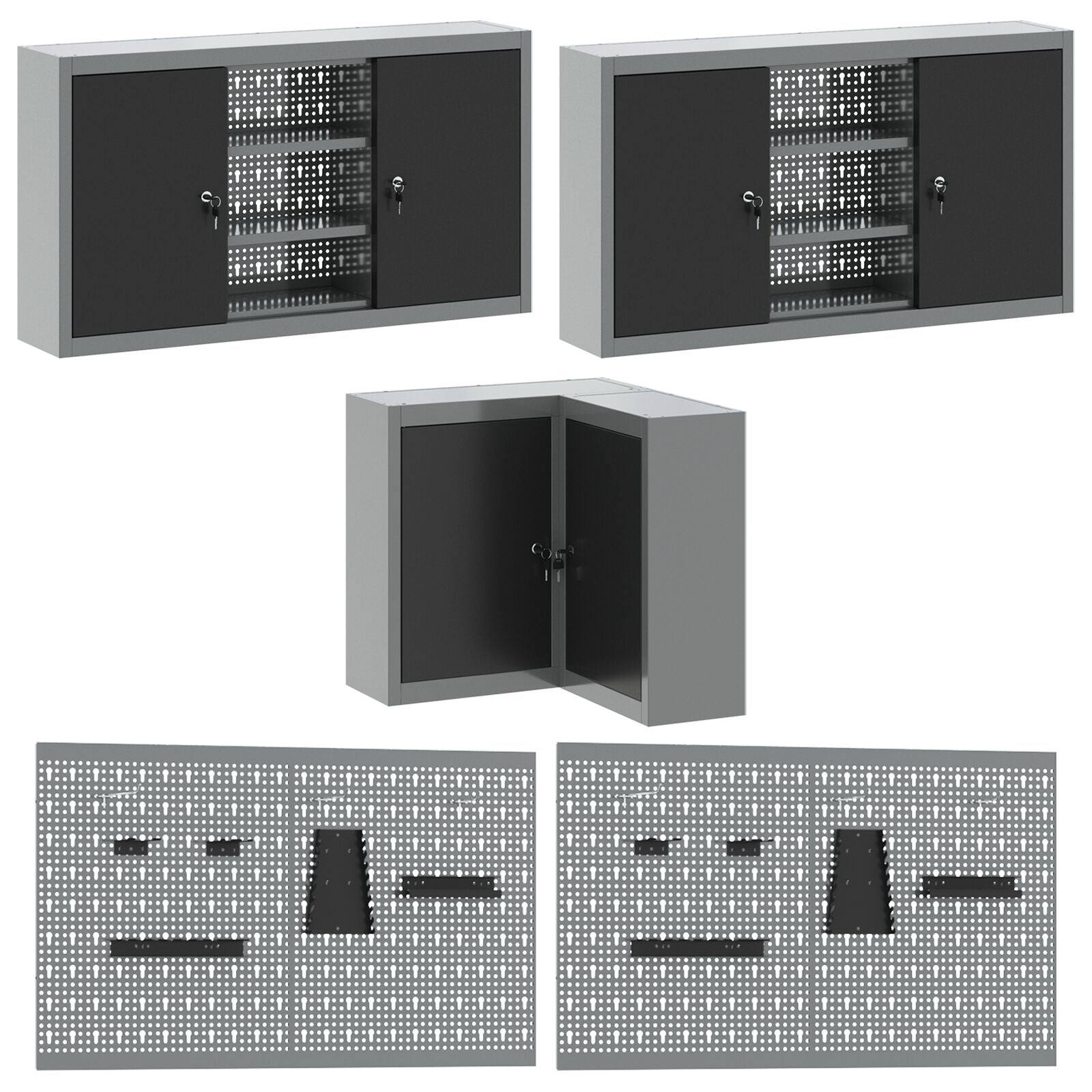 12-Delige Werkplaatskast En Pegboard Set Mdf En Metaal 4x (84 cm) Zwart Tafel + 7x kast + 6x pegboard