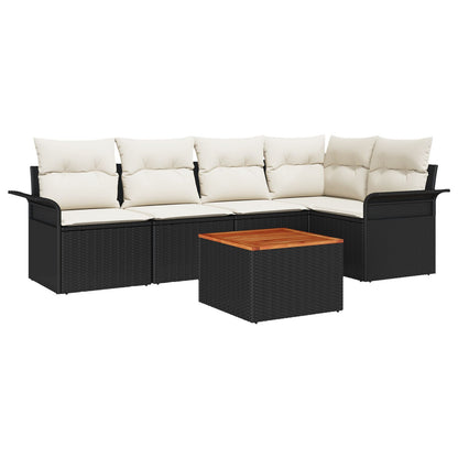 6-Delig Tuinbankstel Met Kussens Zwart Poly Rattan Acacia