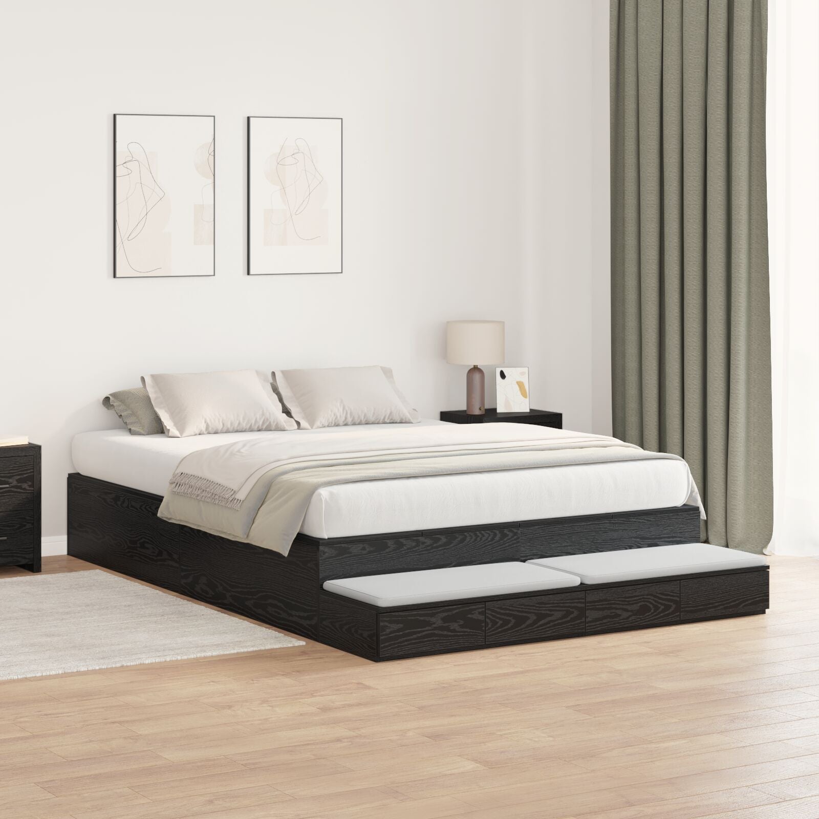 Opbergbedframe Zwart Bewerkt Hout 135,5 X 190 X 31,5 Cm Artisanaal Eiken