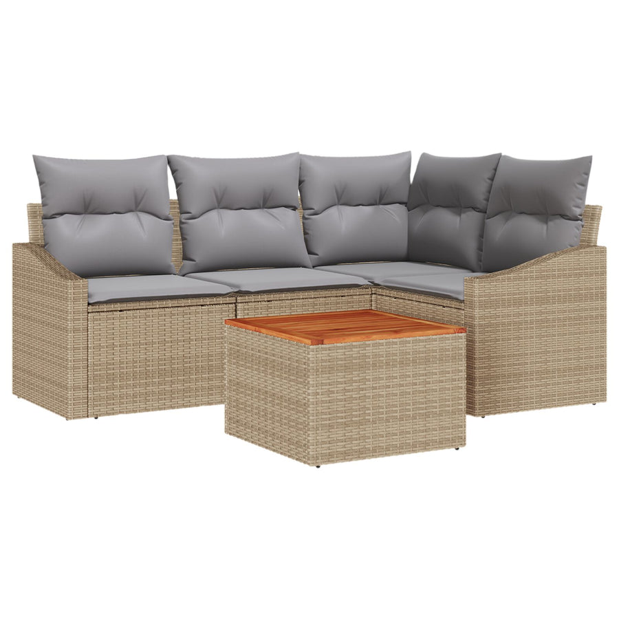 5-Delige Tuin Sofa Set Met Kussens Beige Poly Rattan Acacia