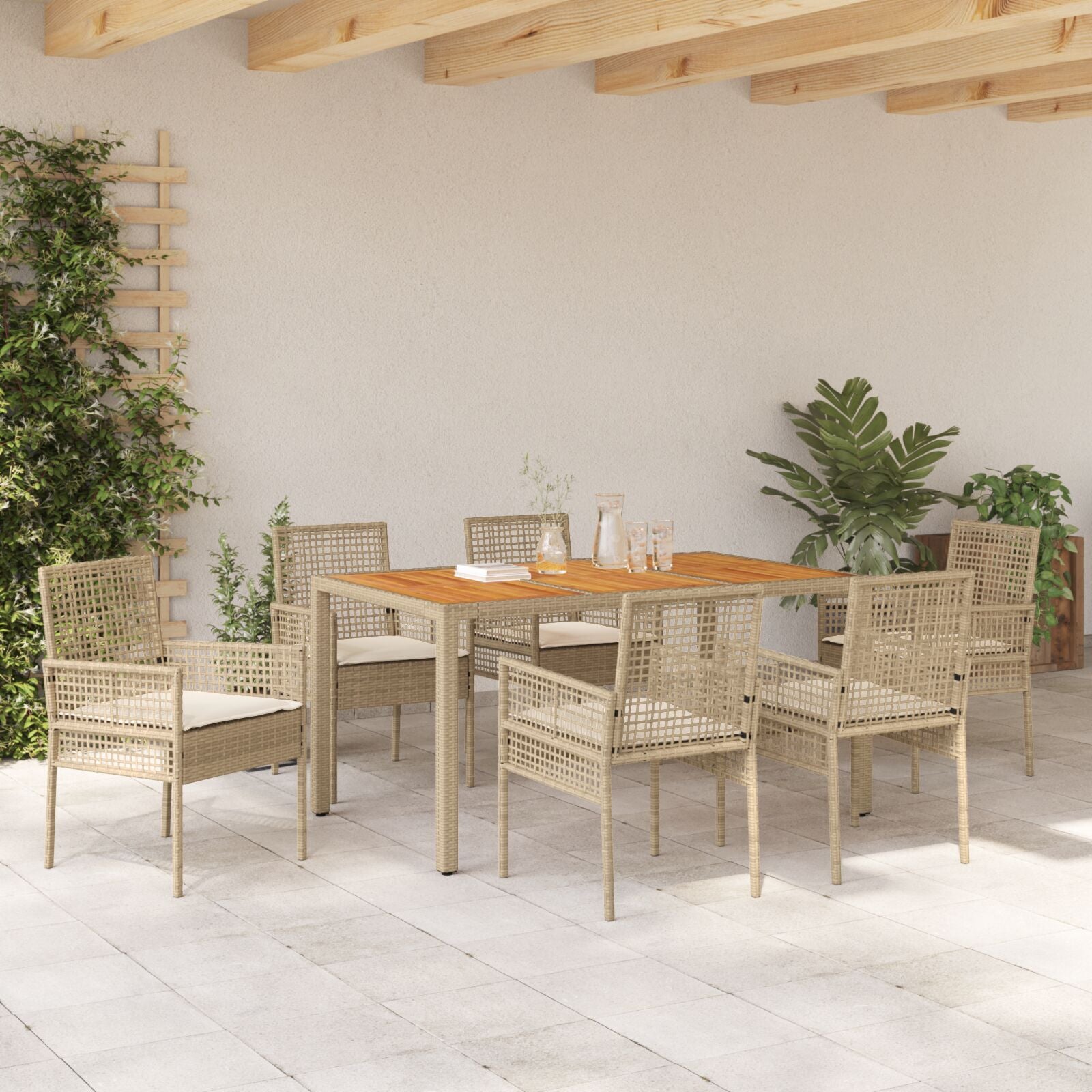 7 Delige Tuin Eetset Met Kussens Beige Poly Rattan